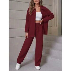 Waffle Knit Collar Cardigan & Pants Set - 2 piece set (white cami not included)